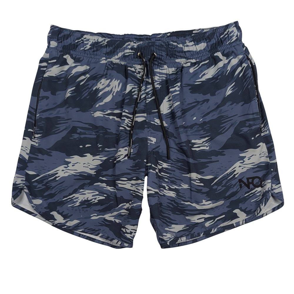 NFQ Athletic Shorts Mens Large Blue Tiger Stripe Camo Zipper Pockets Gym Running